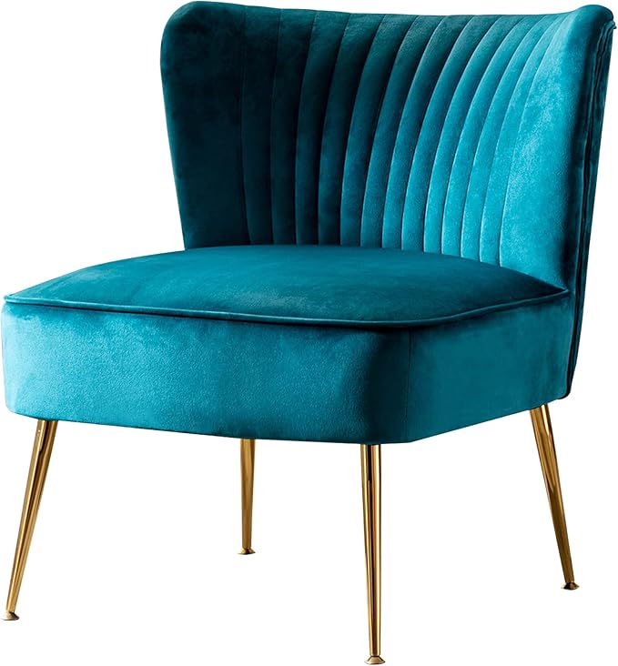 WO Home Furniture 25 Wide Tufted Velvet Accent Chair with Rust Resistant Golden Metal Legs Premium Quality Rust Resistant Seat for Your Den Living Room Bedroom Inside Area (Teal)