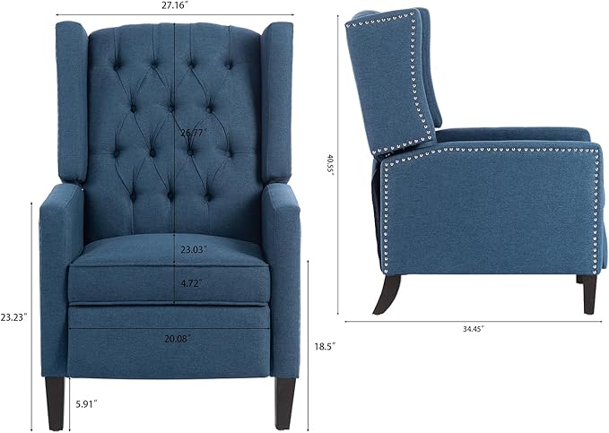 Pushback ReclinerComfortable Wingback Recliner Sofa Chair With Adjustable Backrest Tufted Fabric Upholstered ArmchairRetro Rivets Decorated Recliner for Living Room Bedroom Office Home Theater(Blue)