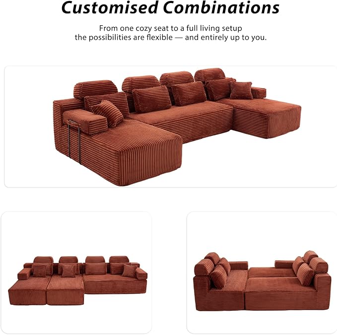 141″ Cloud Modular Sectional Sofa U Shaped Sectional Couches with Reversible Chaise Boneless Couch for Living Room 28 Deep Seat Corduroy Couch in a Box No Assembly Required Orange