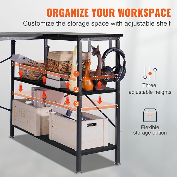 VEVOR L Shaped Computer Desk 47' Corner Desk with Storage Shelves Bag Phone Slot and Headphone Hook L Shaped Office Desk Gaming Desk for Home Office Workstation Black