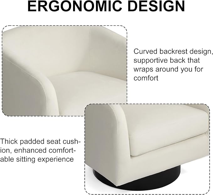 Swivel Barrel Accent Chair Modern Round Chenille Fabric Arm Chair for Living Room Bedroom Comfy Club Reading Chairs for Adults（Velvet Ivory Set of 1