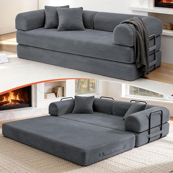 79 Corduroy Sofa Bed Boneless Couch in a Box with 2 Pillows High-Density Foam 4-in-1 Foldable Sleeper Futon Loveseat for Small Spaces No Assembly Side Pockets Dark Grey