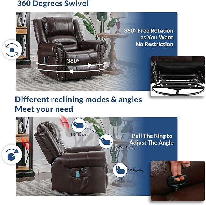 Swivel Rocker Recliner Chair with Heat and Vibration 360° Swivel Glider Rocker Manual Reclining Chair Massage Rocking Lounge Recliners with Side Pockets/USB Ports for Living Room Brown