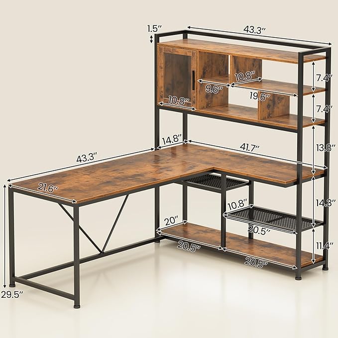 SEDETA L Shaped Computer Desk 58'' Office Desk with LED Light and Bookshelf L Shaped Corner Desk with Storage Shelves for Home Office Gaming Desk L Desk Rustic Brown