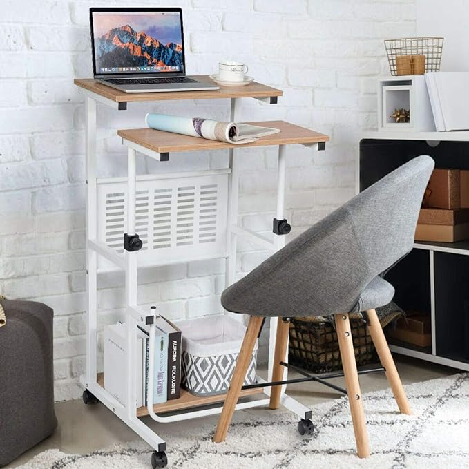 Height Adjustable Sit Stand Desk Home Office Desk with Wheels Rolling Computer Laptop Desk Corner Computer Desk Oak