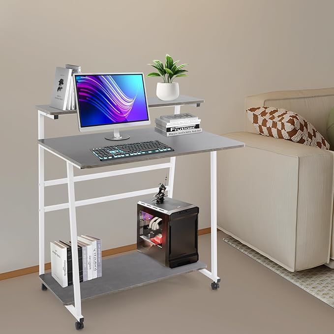 Home Office Desk3 Tier Rolling Computer Desk36inch Modern Home Desk Computer Desk Writing Table with Under Desk Storage Shelves for Home Office Study Bedroom (White+Grey)