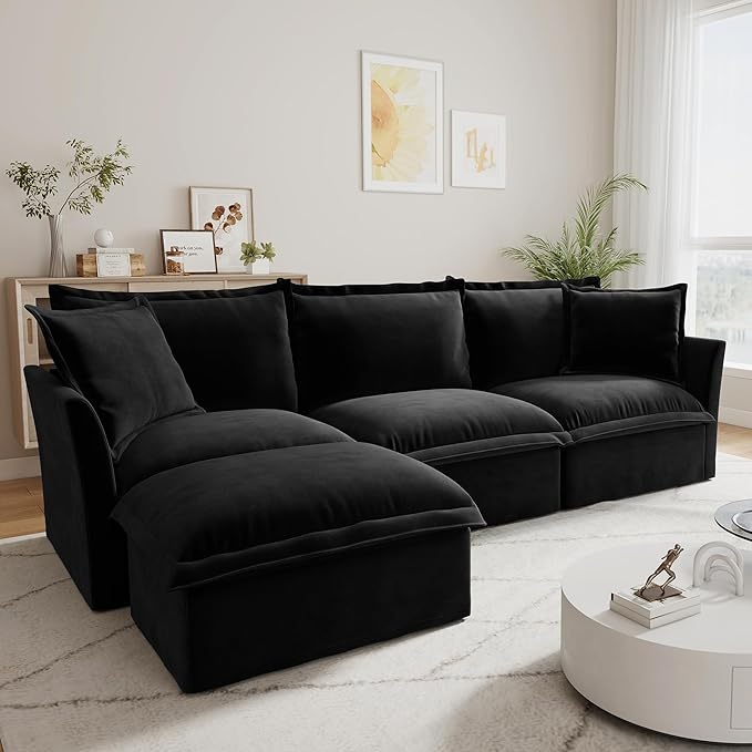 120 Inch 3-Seater Oversized Sectional Sofa with 1 Ottoman - Wide Deep Seat Removable Washable Chenille Fabric for Living RoomBlack