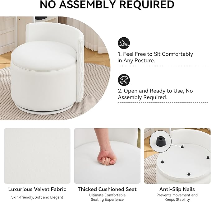 Large Velvet Vanity Chair with Storage 360° Swivel Makeup Chair with Wave Back No Assembly Small Accent Stool for Bedroom Dressing Living Room White