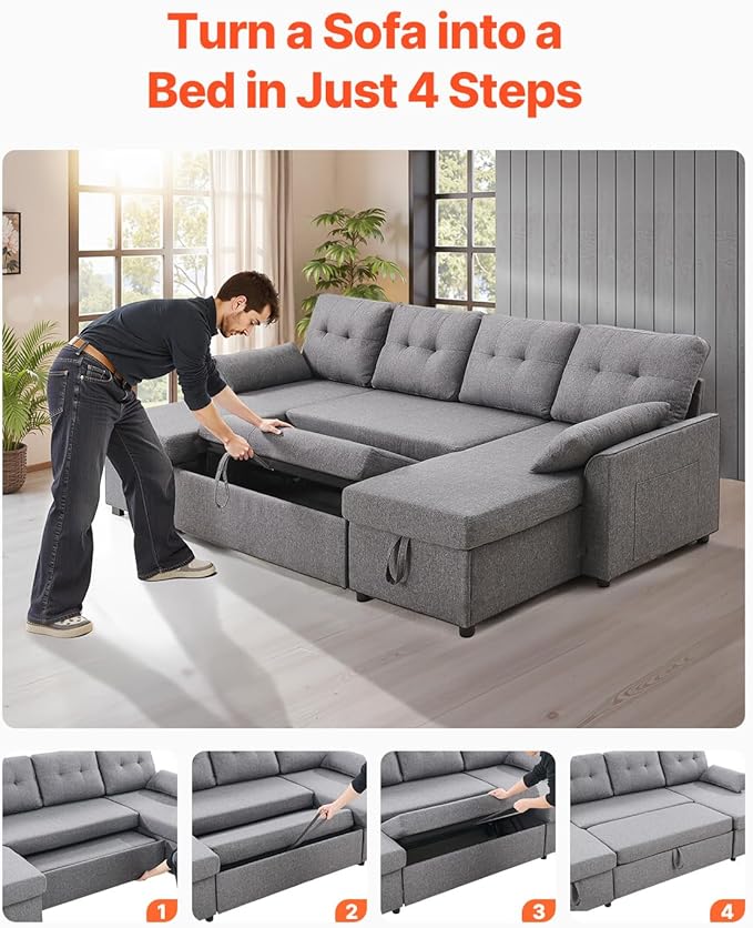 VEVOR U Shaped Sofa Bed Convertible Sofa Bed with 2 Side Pockets 2 Pillows and Double Chaise 6-Seat Pull Out Sleeper Couch with Large Storage Capacity for Living Room Apartment Metal Frame Gray