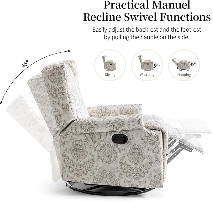Swivel Rocker Recliner Chair Manual Nursery Glider Recliner Floral Fabric Wingback Accent Chair with Adjustable Backrest &amp Footrest for Small Spaces Living Room Bedroom (Beige Set of 2)