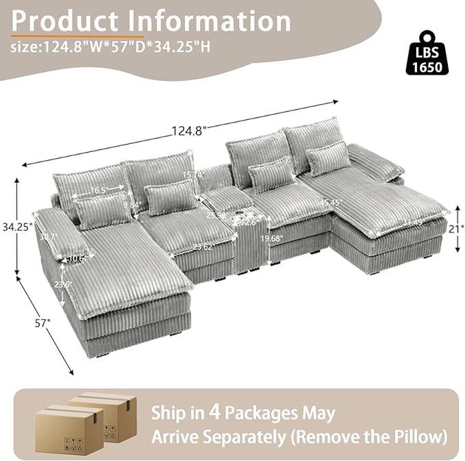 124.8'' U Shaped Cloud Couch Sectional Modular Sectional Couches with Deep Seat Comfy Fluffy Plush Corduroy 5-Seat Sofa with Storage Console Cup Holders &amp USB Charging for Living Room(Light Gra