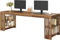 LITTLE TREE 78.7 Long Desk 2 Person Desk with Shelves Large Wooden Computer Desk Heavy Duty Shelf Legs Design for Two Person Home Office Business Workstation Brown (78.7 W x 23.6 D)