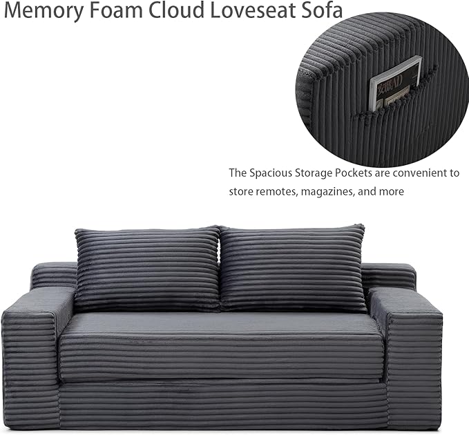 73 Memory Foam Cloud Loveseat Sofa 2 in 1 Convertible Folding Couch Bed Compressed Corduroy Floor Lounge Sofa No Assembly for Apartment Office Bedroom Living Room (Grey)