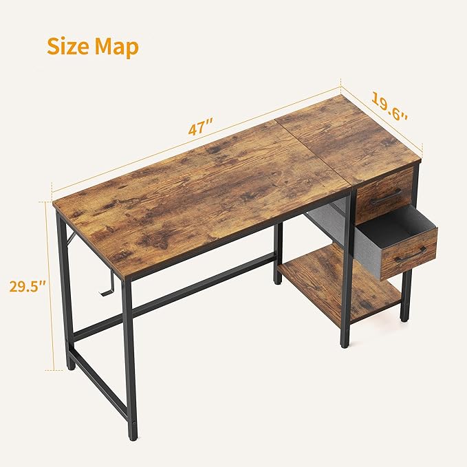 CubiCubi Computer Desk with 2 Drawers 47 Inch Small Home Office Desk with Storage Study Writing Table Rustic Brown