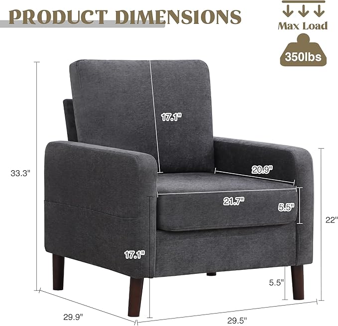 Accent Chair for Living Room Modern Reading Chair for Bedroom Upholstered Armchair with Wood Legs and Side Pockets Single Sofa Side Chair for Office Small Room Apartment Dark Grey
