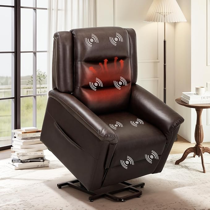 COLAMY PU Leather Power Lift Chair with Massage and HeatElectric Lift Recliner Chair with Thick Cushioned Padding Backrest for Living Room Office Bedroom （Darkbrown）