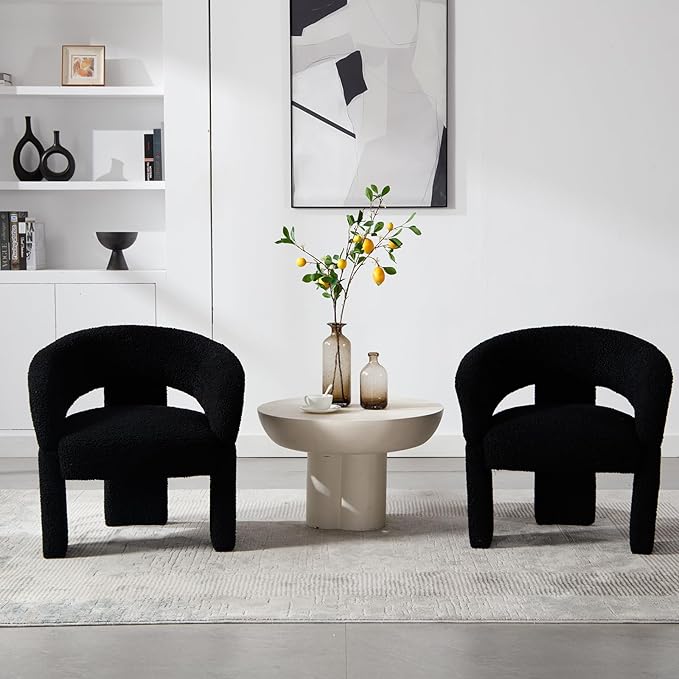 Modern Accent Chairs Set of 2 Black Sherpa Round Barrel Armchairs Comfy Upholstered Lounge Chair for Living Room Bedroom Reading Chair Vanity Chair Comfy Office Waiting Room Chairs
