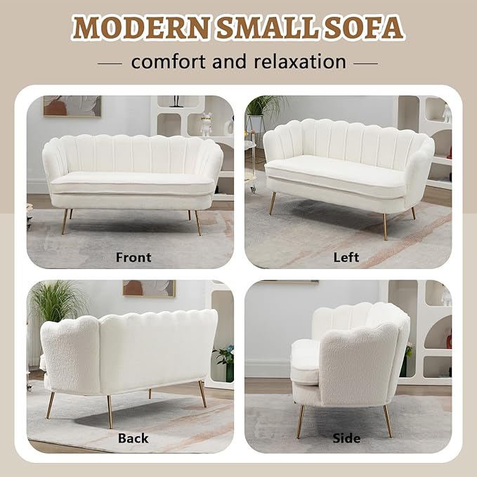 59 Small Loveseat Sofa 2-Seater Modern Chenille Couch with Gold Metal Legs &amp Floral Backrest Compact Apartment Sofa for Living Room Bedroom Office Dorm (Boucle Ivory)