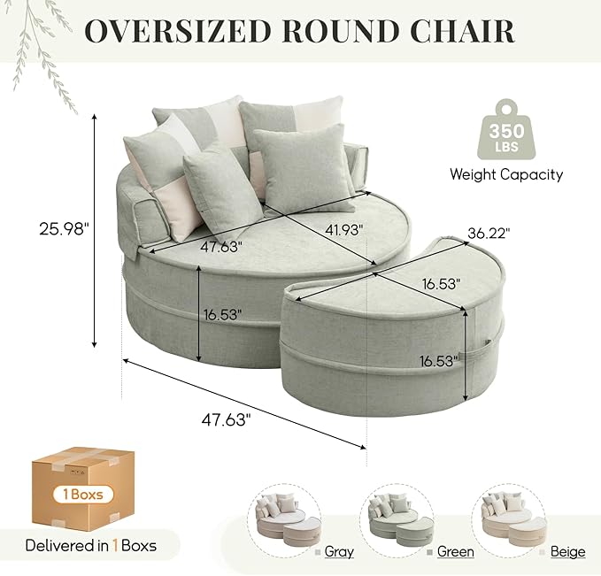 47.63'' Oversized Accent Barrel Chair with Ottoman Modern Round Boneless Idoor Chaise Lounge Chair and A Half Comfy Velvet Compression Large Reading Armchair with 5 Pillows for Living RoomGreen