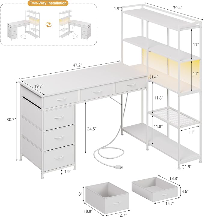 Garvee L Shaped Gaming Computer Desk with 6 Fabric Drawers Corner Gaming Desk with Open Shelves Home Office PC Table with Power Outlets &amp LED Lights 58.3 l*54.3 h White
