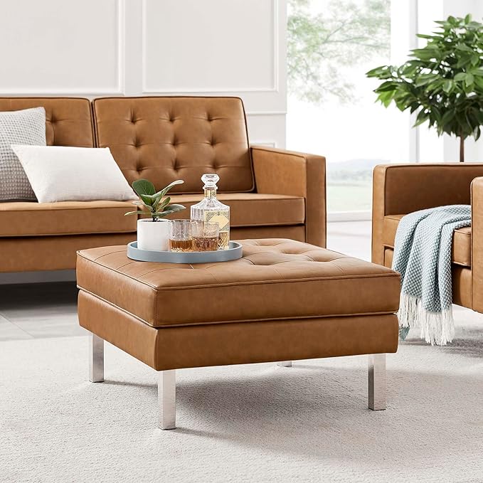 Modway Loft Tufted Button Faux Leather Upholstered Square Ottoman in Silver Tan