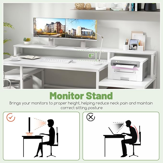 COSTWAY 66-inch Computer Desk with Power Outlet Office Desk with Monitor Stand Printer Shelf File Drawer CPU Stand Modern Home Office Desk Computer Workstation White