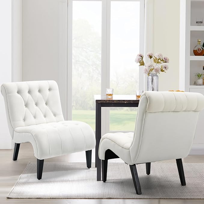 AVAWING Armless Accent Chair Set of 2 Upholstered Button Tufted Living Room Chairs with Wood Legs Comfy Frosted Velvet Lounge Chair Reading Chair for Bedroom Cream White