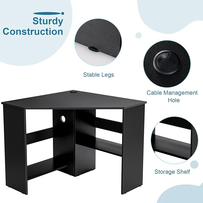 LDAILY Corner Desk Space Saving 90 Degree Triangle Computer Desk with Storage Shelves &amp Cable Holes Wood Compact Corner Writing Table for Small Spaces Home Office Bedroom &amp Living Room Bl