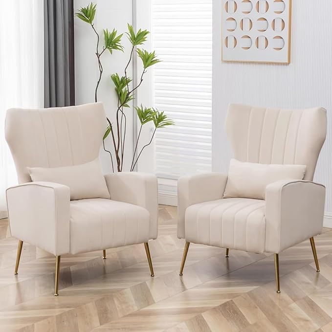 Velvet Accent Chair Set of 2Wingback Armchair for Living Room HighBack Reading Chair with Golden Legs Lumbar Pillow Upholstered Single Sofa Comfy for Bedroom Apartment Small Spaces Beige