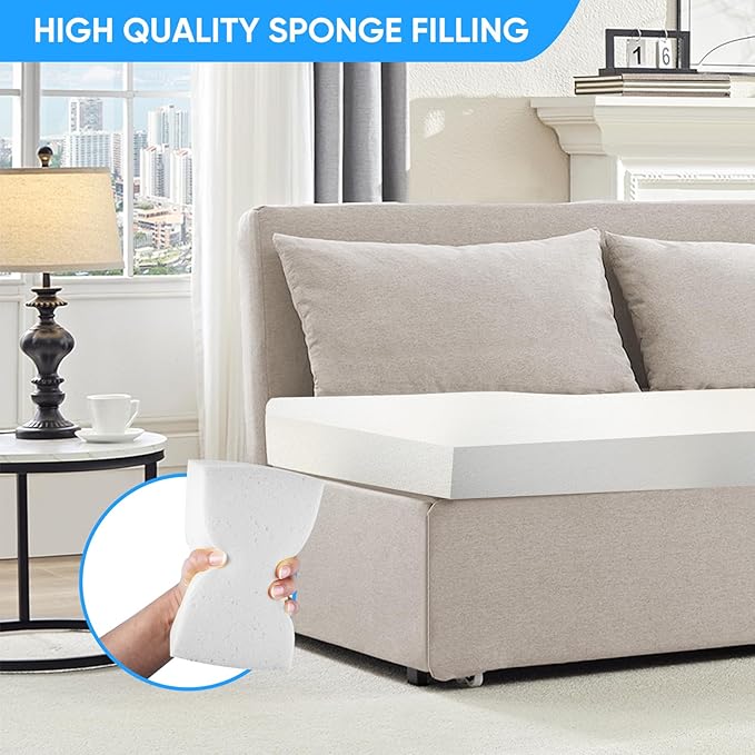 Mjkone 62 Width Pull Out Sleeper Sofa Bed Queen Size 2-in-1 Modern Convertible Linen Sofa Sleeper Pull Out Couch Bed with Cushions &amp Throw Pillows for Living Room Home Office Small Place Beige