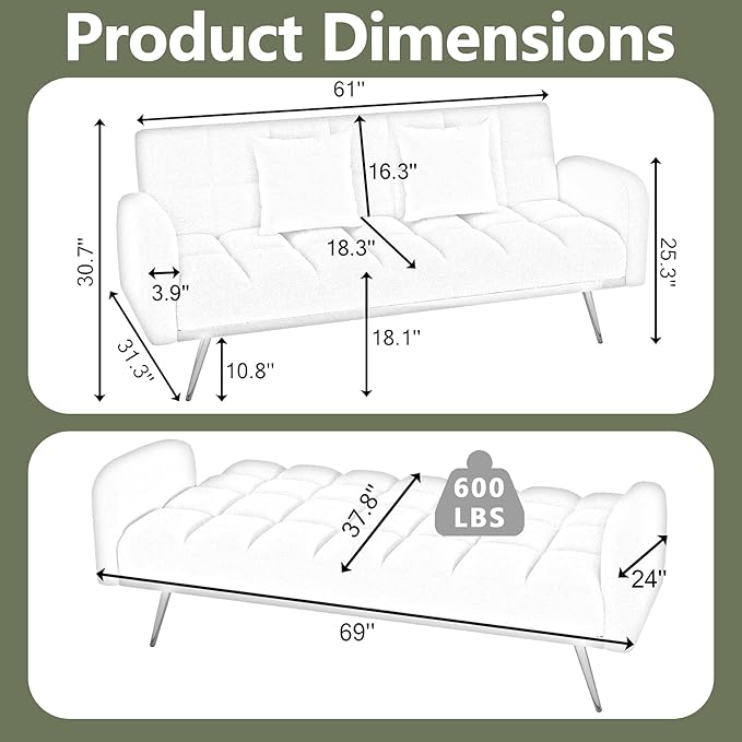 Comfy Futon Sofa Bed with 2 Pillows White Futon Couch Bed with Gold Legs Small Convertible Sofa Bed Couch for Living Room Modern Loveseat for Bedroom Curved Arms Plush Tufted-ShapedTeddy (Green)