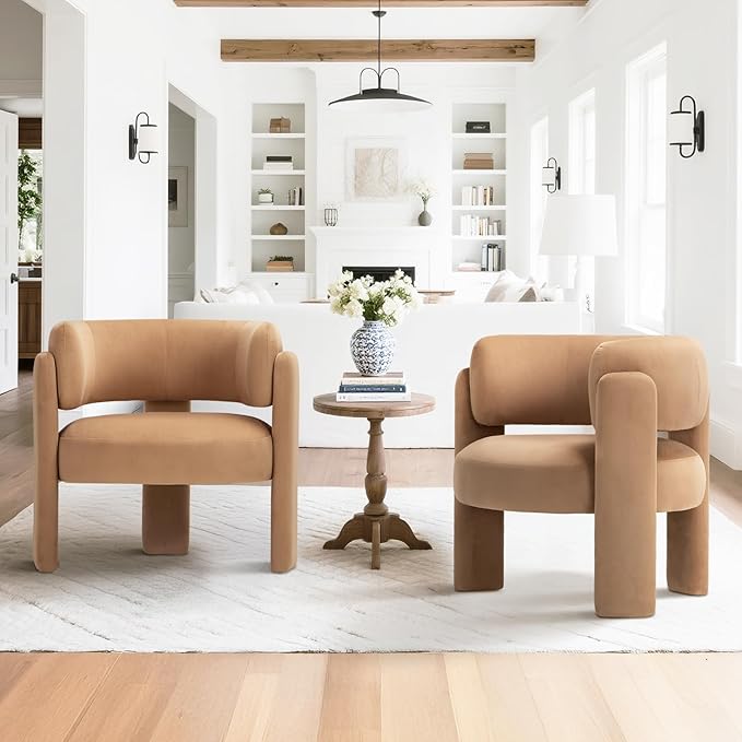 COLAMY Modern Accent Chair Set of 2 Velvet Accent Chairs Upholstered Barrel Chairs with Solid Wood Legs Comfy Side Chair for Living Room Bedroom Reading Cozy Reading ChairKhaki