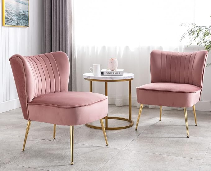 Pink Velvet Accent Chairs Set of 2 with Golden Legs Upholstered Side Chairs Mid-Century Modern Slipper Chairs for Guest Room Comfy Armless Wingback Corner Single Sofa Living Room Chairs