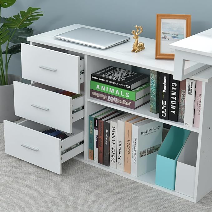 55 Inch White Desk with 3 Drawers L Shaped Desk with Storage Corner Desk with Monitor Stand and Shelves White