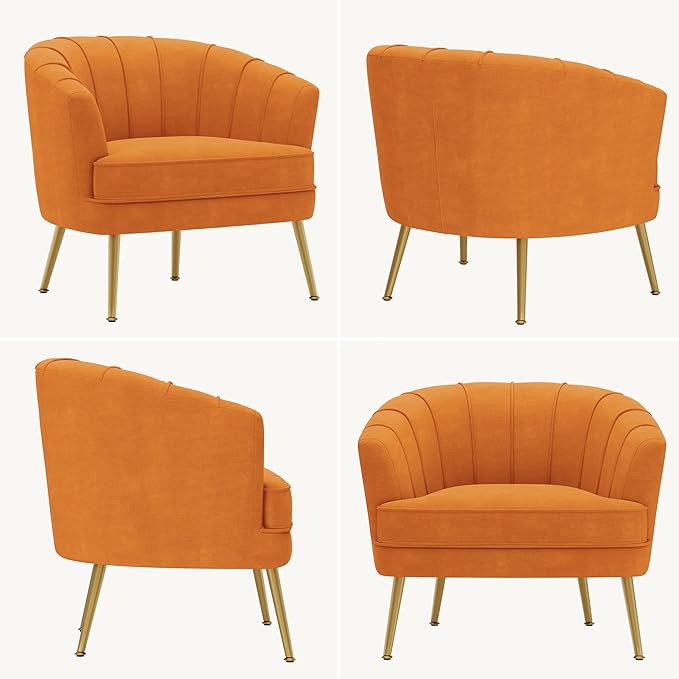 Velvet Accent Chairs for Living Room Bedroom Office Leisure Upholstered Single Sofa Chair Arm Chair Comfy Chair Reading Club Coffee Chair with Metal Legs Orange