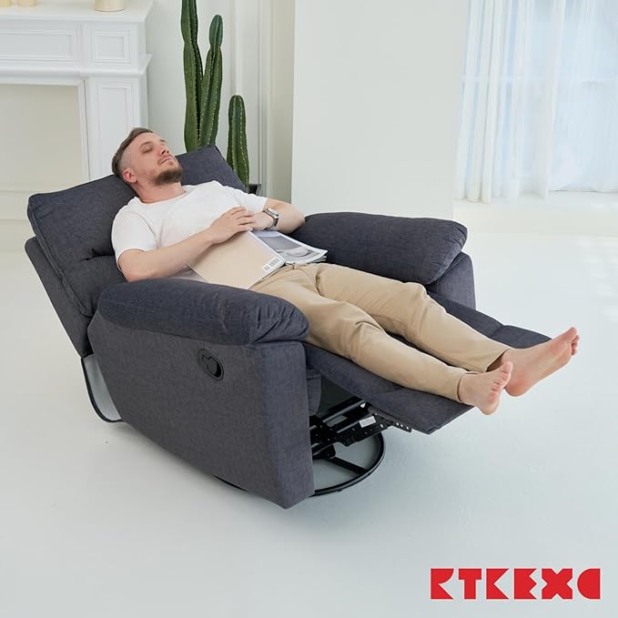 Reclining Sofa Rocking Recliner Chair Manual Adjustable 360 Swivel with Ergonomics Overstuffed Lumbar Arm Support Natural Fabric Surface Made for Living Room Bedroom Nursery Dark Grey