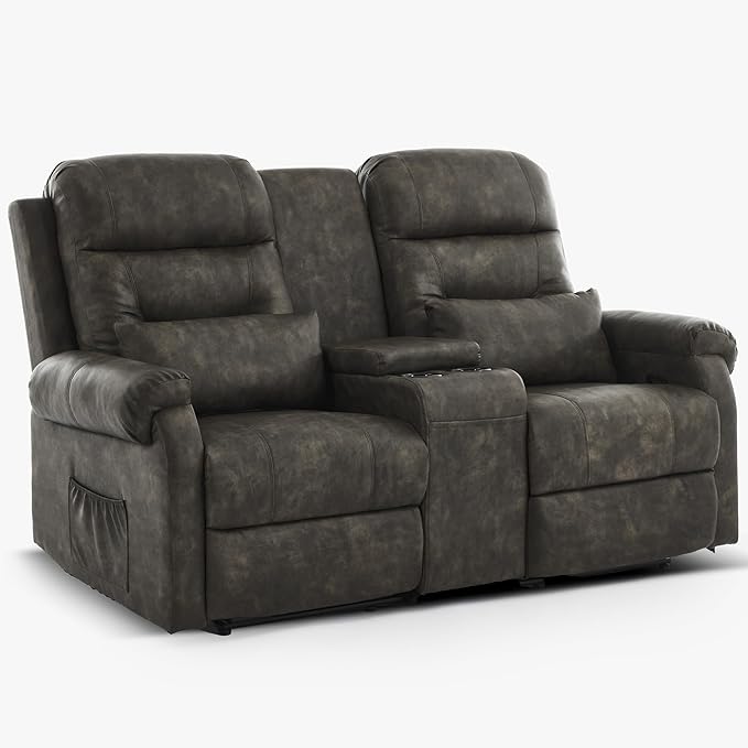 DRMBOOK RV Loveseat Recliner Sofa with Console Faux Leather Double Wall Hugger Reclining Couch Manual Home Movie Seating 2 Person Recliner Chair with Cup Holders/Storage/Pocket/Pillow Black&ampGrey