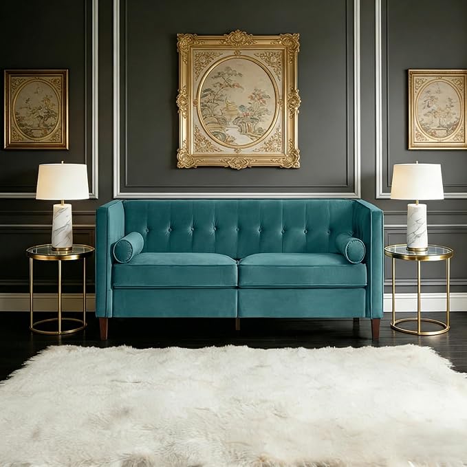 Dreamsir 58'' W Velvet Sofa Mid-Century Love Seats Sofa Furniture with Bolster Pillows Button Tufted Couch for Living Room Tool-Free Assembly (Loveseat Peacock Blue)