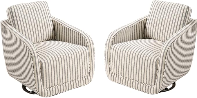 Swivel Barrel Accent Chair Set of 2 360 Degree Comfy Swivel Reading Chair with Removable Back Modern Sofa Chair with Oversize Base for Living Room Bedroom Office(Blue Stripe)