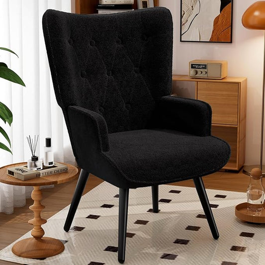 TLSUNNY Accent Chair Comfy Upholstered Armchair with Metal Legs High Backrest Living Room Chair Wingback Chair Mid Century Modern for Living Room/Vanity/Bedroom Teddy Fabric Black (1 pc)