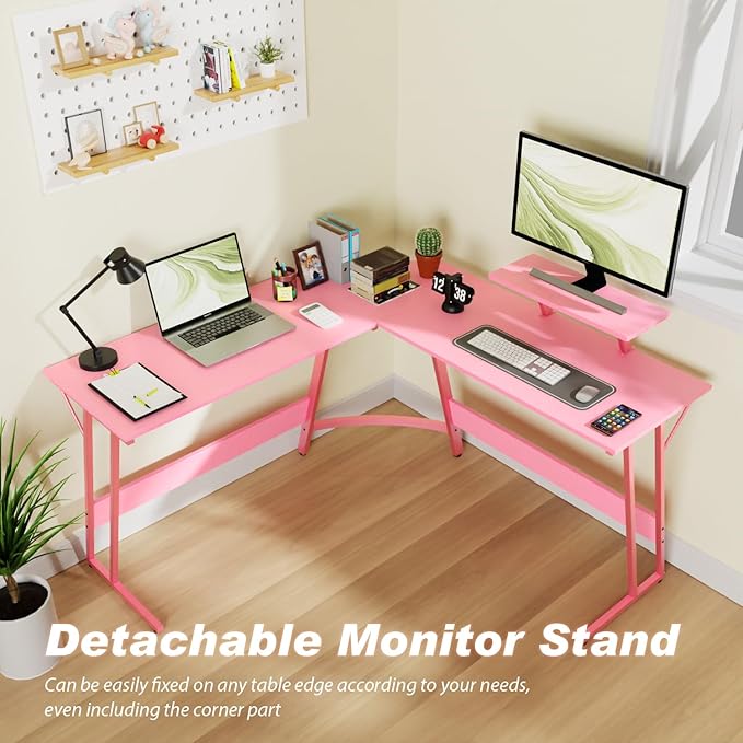 51 inch L Shaped Gaming Desk Computer Desk for Bedroom Brown L shaped Desk for GamingHome Office Desks with Detachable Monitor Stand Corner Desk for Small PlaceLargeCarbon FiberPink desk