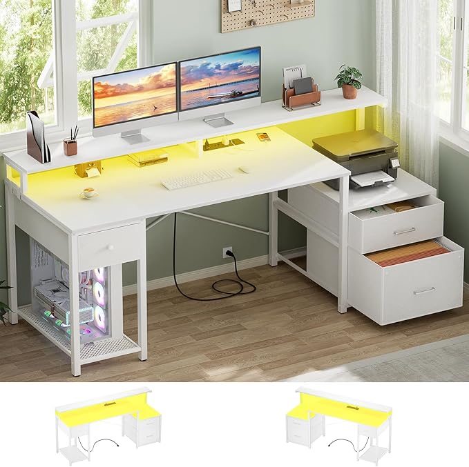 Aheaplus Computer Desk with 3 Drawers Home Office Desk with File Drawer &amp Power Outlet 59'' Gaming Desk with Led Lights Long Work Desk with Storage Shelves Printer Cabinet and Monitor Shelf W