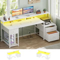Aheaplus Computer Desk with 3 Drawers Home Office Desk with File Drawer &amp Power Outlet 59'' Gaming Desk with Led Lights Long Work Desk with Storage Shelves Printer Cabinet and Monitor Shelf W