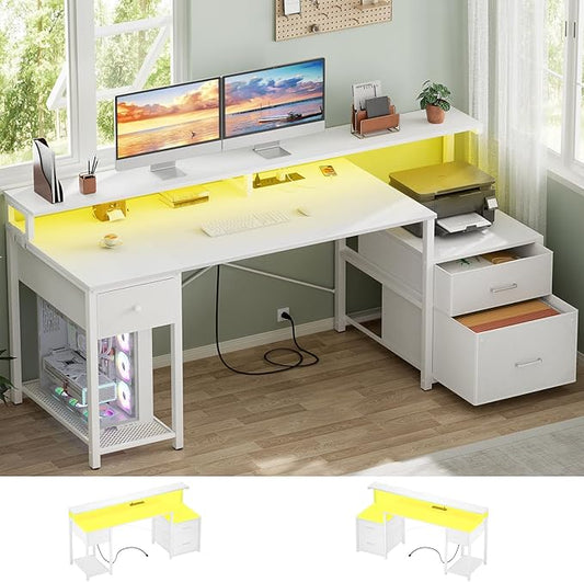 Aheaplus Computer Desk with 3 Drawers Home Office Desk with File Drawer &amp Power Outlet 59'' Gaming Desk with Led Lights Long Work Desk with Storage Shelves Printer Cabinet and Monitor Shelf W