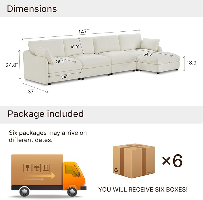 147 Cloud Sectional Couches for Living RoomL Shaped Oversized Modular Modern Linen Sofa with 1 Movable Ottoman5 Deep Seat with 2 Throw PillowsWarm White