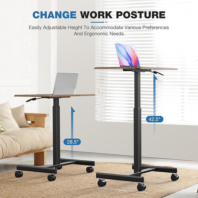 Rolling Laptop Stand Small Standing Desk with Wheels Adjustable Height Rolling Table with Metal Base Lockable Catsers Computer Rolling Table for Couch Home Office 25.7'' × 19'' Brown