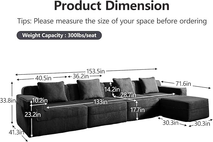 153.5 Boneless Sofa with Ottoman L-Shape Corduroy Fabric Sectional Couch Couch in a Box for Living RoomNo Assembly Required