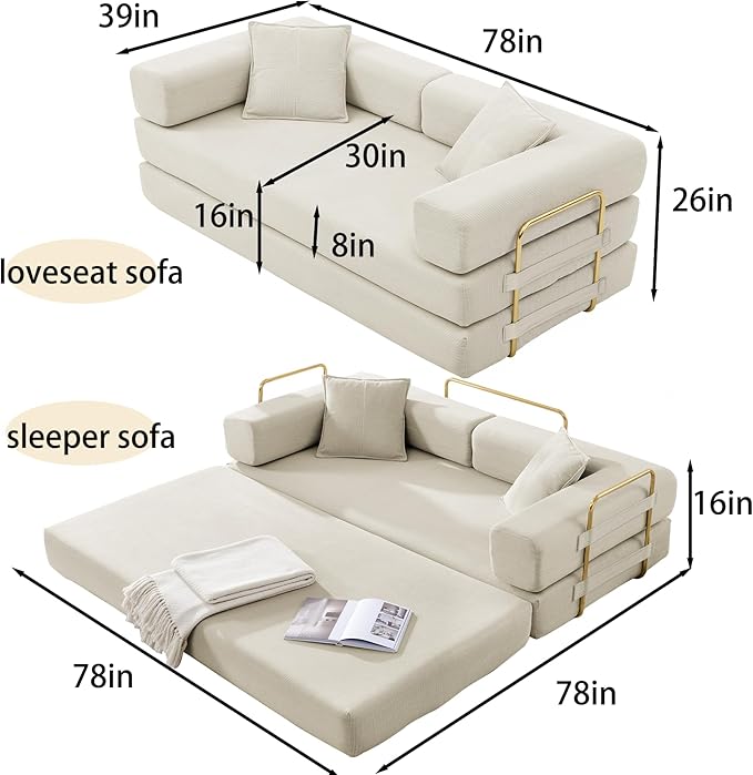 Folding Sofa Bed Convertible Sleeper Sofa Bed with Gold Fixed-Shape Frame Corduroy Floor Couch Lazy Compression Sofa for Living Room Bedroom Home Theater Beige