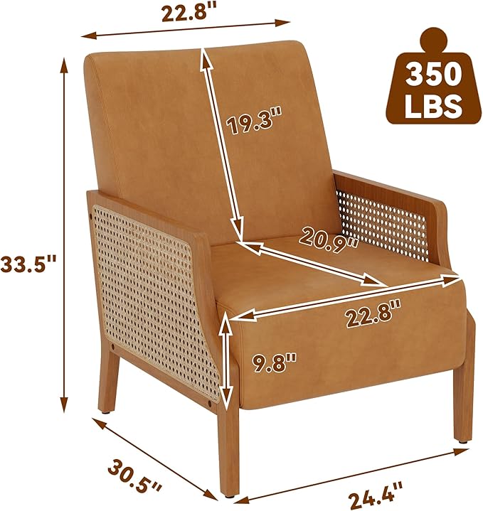 WENTMENT Modern Accent Chair Armchair with Natural Rattan Armrest Upholstered Living Room Chair Comfy Single Sofa Chair for Hosting Room/Bedroom Brown