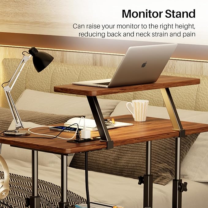 Adjustable Height Standing Desk with Power Outlets Rolling Stand Up Desk with Monitor Stand and Storage Shelves 31.5 Small Mobile Computer Desk Portable Laptop Table (Retro Brown)